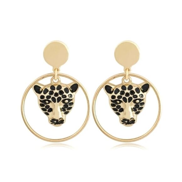 Gold Leopard Drop Dangle Hoop Earrings - Picture 1 of 5
